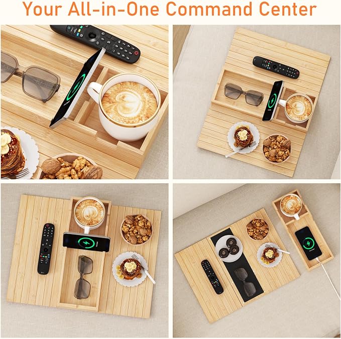 Bamboo Foldable Sofa Armrest Tray with Magnetic Detachable Cup Holder & Anti-Slip Pad | Versatile Couch Arm Table for Drinks, Snacks, Phone, Remote Control Organizer