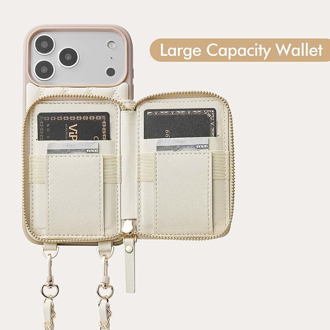 LAMEEKU for iPhone 17 Pro Wallet Case with Card Holder,Crossbody Phone Cover Quilted Leather Zipper Purse 6.3" Beige