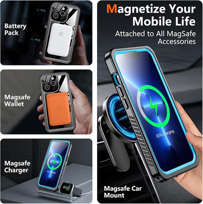 SPIDERCASE Magnetic for iPhone 13 Pro Max Case Waterproof,Built-in Screen & Camera Lens Protector[IP68 Underwater] [Military Grade Shockproof] Full Body Protection Phone Case,Blue/Clear
