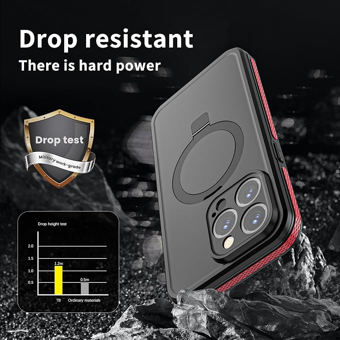 Omio for iPhone 15 Pro Max Waterproof Case with Stand Compatible with MagSafe, Full Body Magnetic IP68 Underwater Case Built-in Screen Protector Military Grade Shockproof Case for Men Women, Red