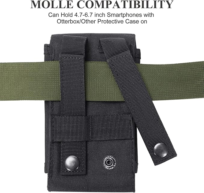 Black Tactical Molle Cellphone Pouch Case,Heavy Duty Waterproof Phone Holster Bag for iPhone 11 12 13 Pro Max for Samsung S22 S21 S20 FE Note 20 A02S Less 6.7" Phone with 2 Pack US Flag Patch