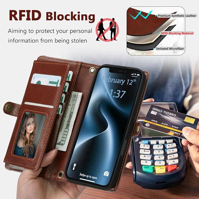 Wallet Case for iPhone 12/12 Pro with Card Holder/Crossbody Wallet/Strap| RFID Blocking | Magnetic | Kickstand | Detachable | PU Leather Phone Case for iPhone 12/12 Pro,6.1 in,Brown