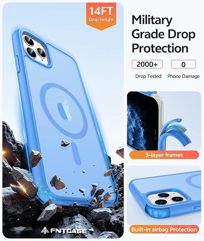 FNTCASE for iPhone 11 Pro Case, Fit for Magsafe, Translucent Matte Back | Magnetic Phone Cases, 14FT Military Grade Drop Protection, Shockproof Bumper, Slim Protective Cover, Ice Blue