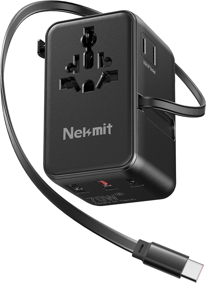 70W Universal Travel Adapter, Nekmit International Power Adapter with Retractable USB C Fast Charger Cable, 6-Port Travel Plug with 2 AC, 2 USB-A and 2 USB-C Ports Compatible with Over 200 Countries