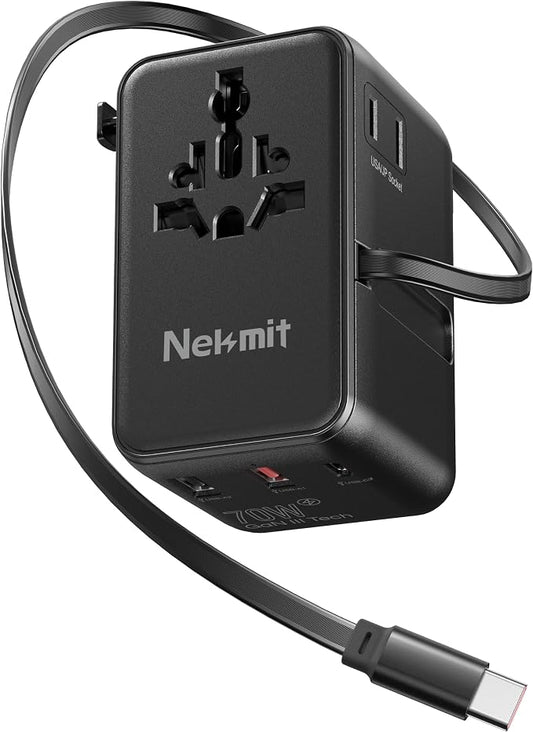 70W Universal Travel Adapter, Nekmit International Power Adapter with Retractable USB C Fast Charger Cable, 6-Port Travel Plug with 2 AC, 2 USB-A and 2 USB-C Ports Compatible with Over 200 Countries