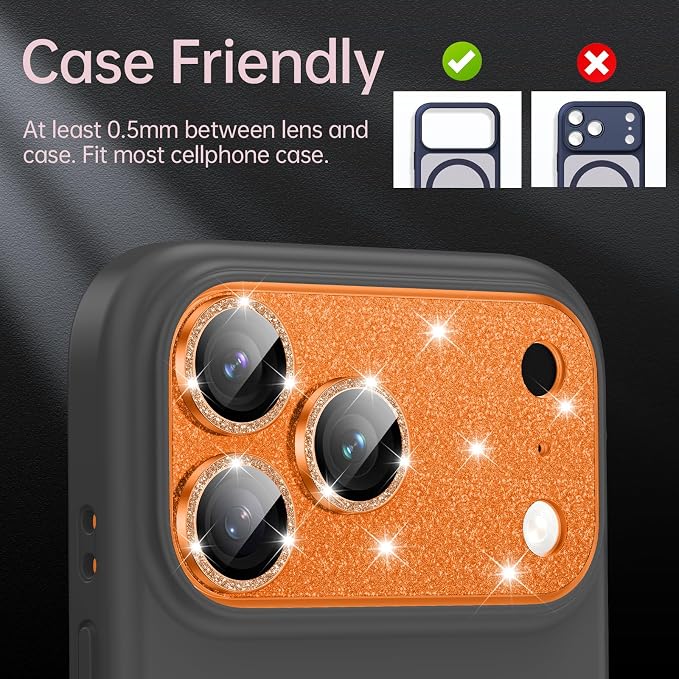 for iPhone 17 Pro Max Camera Lens Protector [Anti-Scratch] [Ultra HD Clear] [Strong Adhesion] Metal Aluminum Alloy Tempered Glass Camera Screen Cover(Cosmic Orange Glitter)