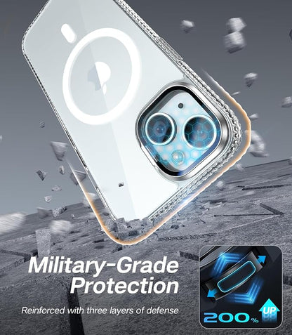 [Upgraded] for iPhone 15 Case with Camera Cover Stand [Fit for MagSafe][9H Camera Lens Protector] Mil-Grade Protection Transparent Magnetic iPhone 15 Phone Case, Clear