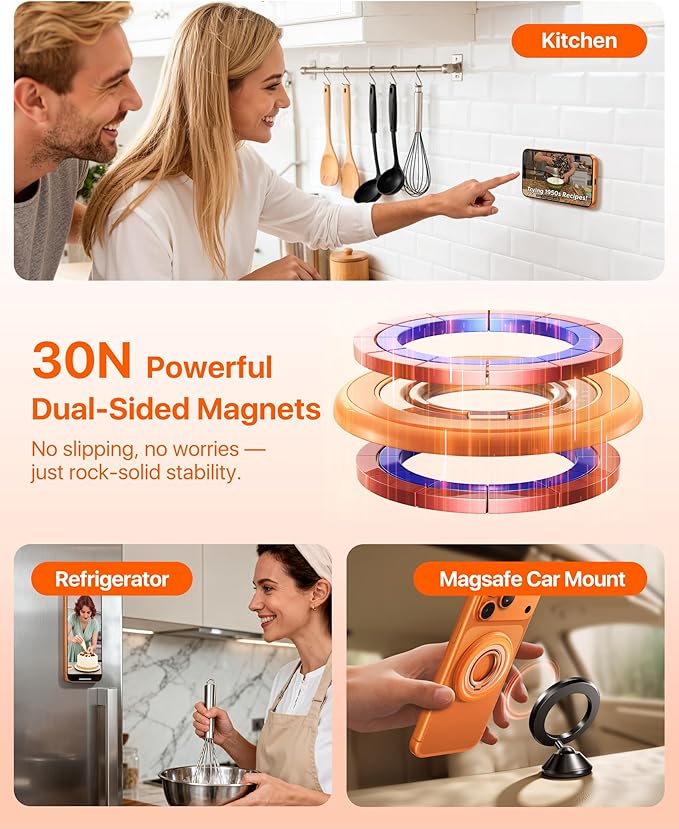 andobil [2026 3rd Gen] Magnetic Phone Grip for MagSafe [Sability Max] Stronger Two-Sided Magnet Cell Phone Ring Holder Compatible with MagSafe Accessories, iPhone 17 Pro Max Air 16 15 14 13 12, Orange