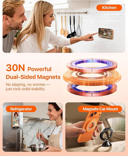 andobil [2026 3rd Gen] Magnetic Phone Grip for MagSafe [Sability Max] Stronger Two-Sided Magnet Cell Phone Ring Holder Compatible with MagSafe Accessories, iPhone 17 Pro Max Air 16 15 14 13 12, Orange