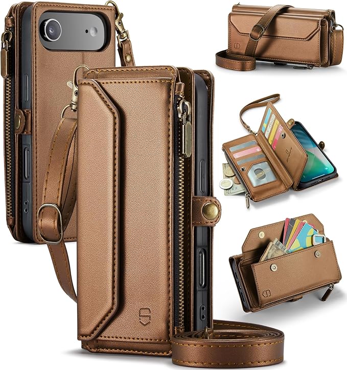 Strapurs Wallet Case Compatible with iPhone Air 6.5" RFID Blocking 10-Card Holder Soft PU Leather Magnetic Snap Shoulder Strap Zipper Pocket Phone Case Fit for iPhone 17 Air for Women - Brown