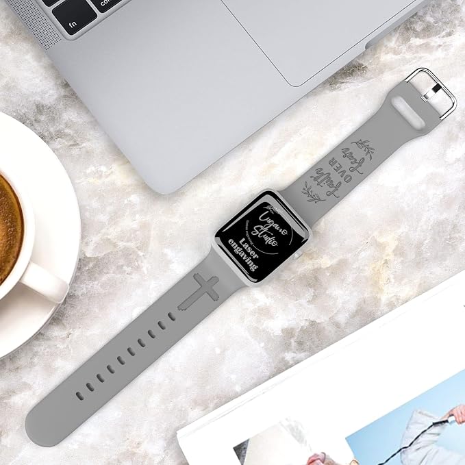 Faith Over Fear Watch Band Compatible with Apple Watch Laser Engraved iWatch Band Silicone 38mm 40mm 41mm 42mm 44mm 45mm 49mm Strap Jesus Psalm Christian God (38/40/41/42mm S/M, Grey)