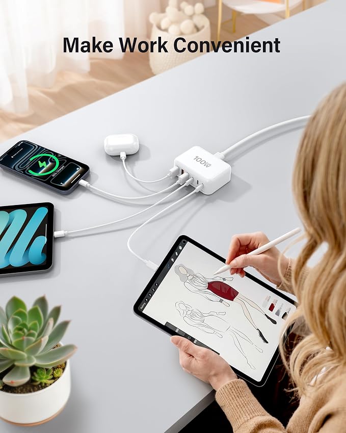 [2026 Updated] USB C Fast Charger, 100W GaN 6 Port Type C Charging Station Hub Block Cube, USB C Wall Charger Power Strip Adapter Plug for iPad iPhone 17 16 15 14 Pro Max Pixel Note Galaxy, 5ft Cord