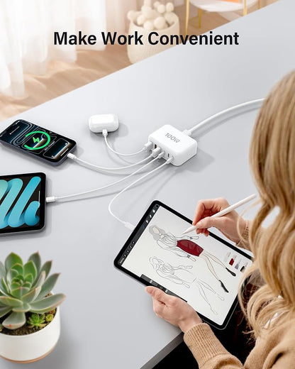 [2026 Updated] USB C Fast Charger, 100W GaN 6 Port Type C Charging Station Hub Block Cube, USB C Wall Charger Power Strip Adapter Plug for iPad iPhone 17 16 15 14 Pro Max Pixel Note Galaxy, 5ft Cord