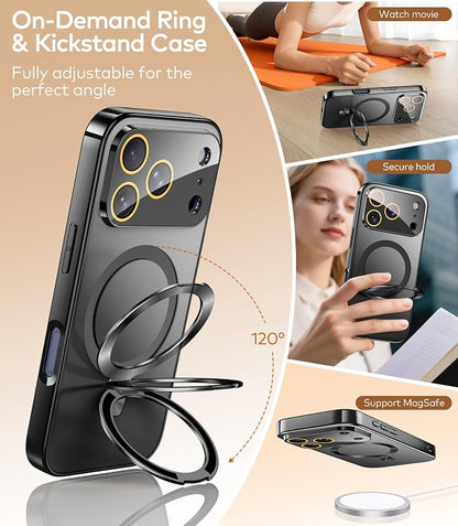 Magnetic for iPhone 17 Pro Max Case with Ring Stand, Fits MagSafe, with Built-in Camera Lens Protector, Slim Electroplated Shockproof Phone Cover, Black