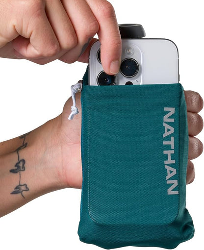 Nathan SpeedDraw 2 Insulated Handheld Running Water Bottle Flask – Double-Wall Insulation, Ergonomic Grip, Blast Valve Cap, Phone & Key Storage Pockets, Reflective Design - 12oz, Deep Teal