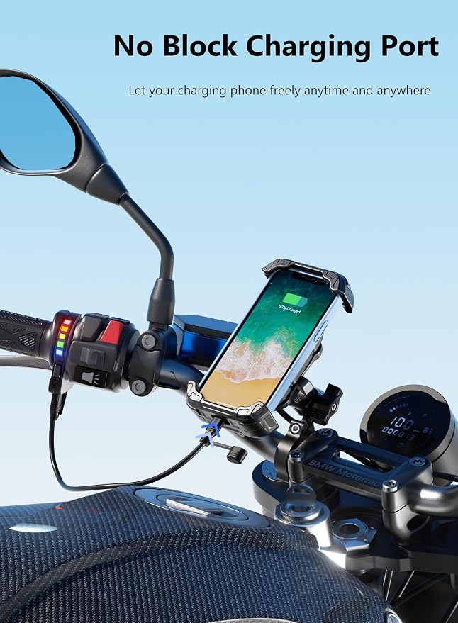 Kewig Motorcycle Phone Mount Holder with Vibration Dampener & Secure Lock, Anti-Shake Handlebar Cellphone Mount for Moto Bike Scooter ATV, Adjustable Phone Mount Fit 5.4-7.2'' Phone