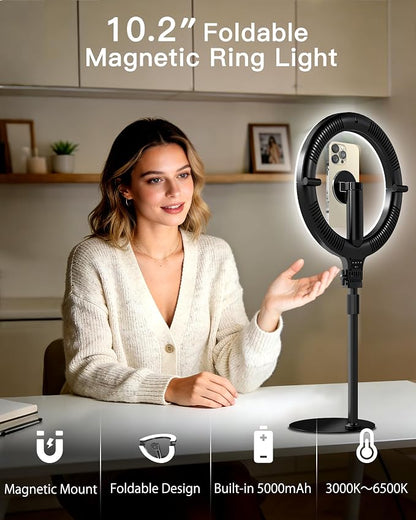 NiceVeedi 10.2” Magnetic Desk Ring Light with Stand, 5000mAh Rechargeable Desktop Ring Light for Phone，3 Color Foldable Selfie Light for Live Stream/Makeup/TikTok/YouTube/Photography/Zoom/Vlogging