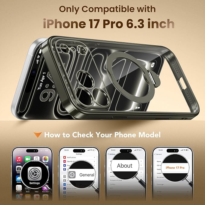 GolbinBox for iPhone 17 Pro Case with 360° Spin Magnetic Stand,[Compatible with Magsafe] [Military Protection][Built-in Ring Holder] Camera Control Phone Case for 17 Pro,Titanium Gray/Clear