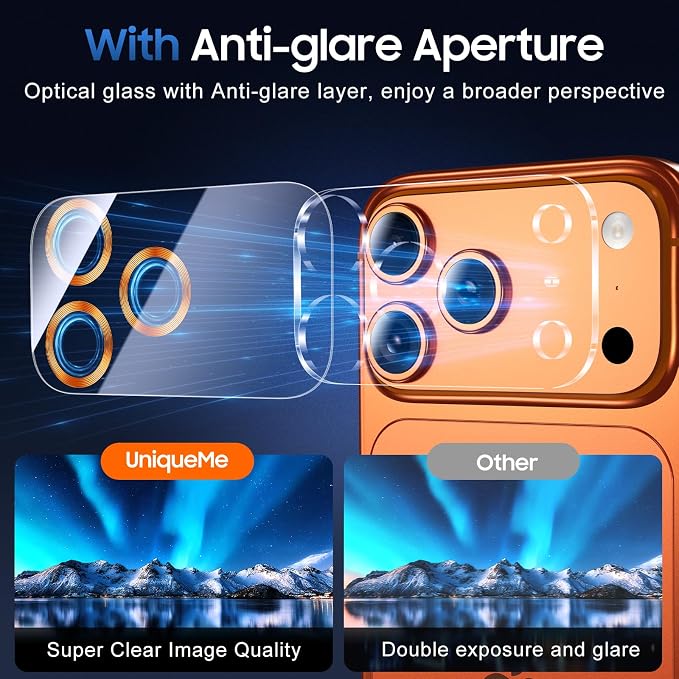 UniqueMe 3 Pack Compatible for iPhone 17 Pro Max Camera Lens Protector - [Drop Protection] [Case Friendly] 9H Tempered Glass Camera Cover Screen [Update New Version] - Orange