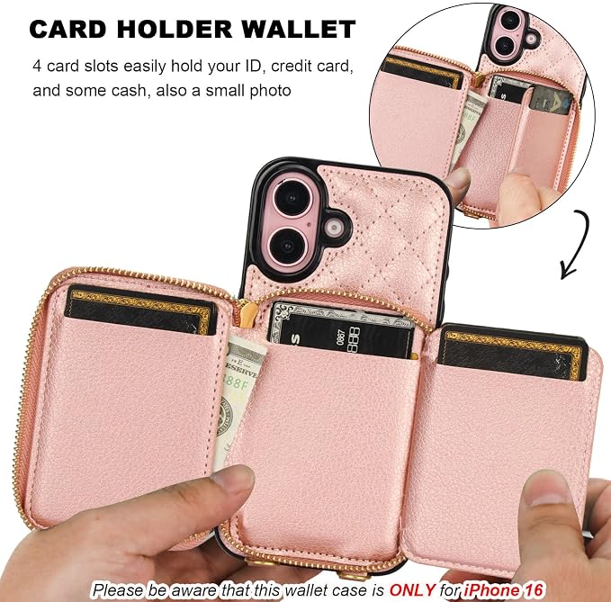 Bocasal Crossbody Wallet Case for iPhone 16, RFID Blocking PU Leather Zipper Handbag Purse Flip Cover, Kickstand Folio Case with Card Slots Holder Wrist Strap Lanyard 5G 6.1 Inch (Rose Gold)