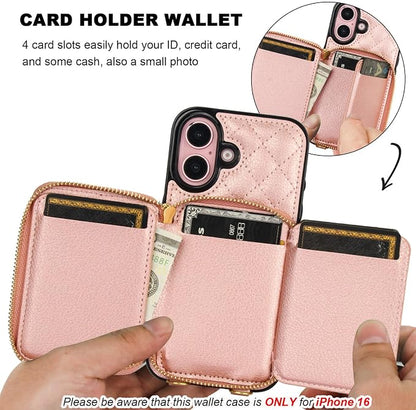Bocasal Crossbody Wallet Case for iPhone 16, RFID Blocking PU Leather Zipper Handbag Purse Flip Cover, Kickstand Folio Case with Card Slots Holder Wrist Strap Lanyard 5G 6.1 Inch (Rose Gold)