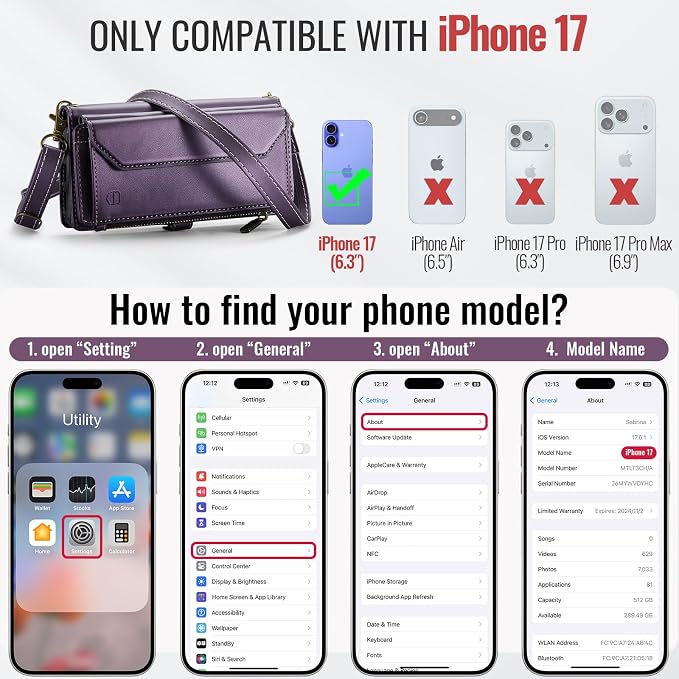 Strapurs Wallet Case Compatible with iPhone 17 6.3" RFID Blocking 9-Card Holder Soft PU Leather Magnetic Snap Shoulder Strap Zipper Pocket Phone Case Fit for iPhone 17 for Women - Purple