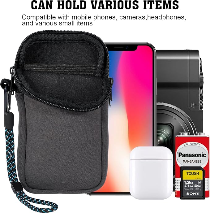 Pwsap Phone Sock, Universal Shock & Impact Resistant Neoprene Pouch with Carabiner and Lanyard Strap Sleeve Case for Hiking & Travelling Phone Bag Fits Phones up to 7 Inches, Gray, L