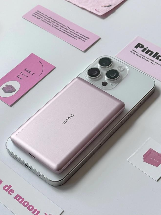 TORRAS MiniMag Power Bank, Ultra Slim 5,000mAh Wireless Portable Charger with USB-C Cable, Fast Charging iPhone Air MagSafe Battery Pack, Compatible Charger for iPhone 17/16/15/14/13/12, Azalea Pink