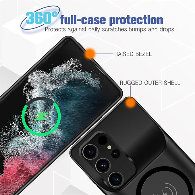 Battery Case for Galaxy S22 Ultra/S23 Ultra, [12000mAh] Slim Portable Protective Fast Charging Case Backup Power Bank Battery Case Compatible with Galaxy S22 Ultra/S23 Ultra-6.8 inch-Black