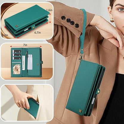 for Wallet Case Compatible with iPhone 14 Pro Max,Multi-Function Detachable 2 in 1 Magnetic iPhone 14 Pro Max Case Wallet,Flip Strap Zipper Card Holder Phone Case with Shoulder Straps (Green)