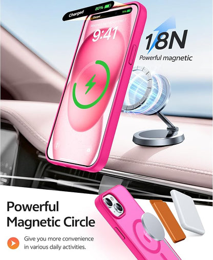 FNTCASE for iPhone 15 Case: for iPhone 14 Case & iPhone 13 Case [Compatible with Magsafe] Translucent Matte Cases with [Screen Protector] Military Grade Shockproof Protective Phone Cover - Hot Pink