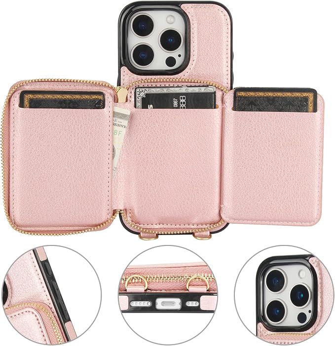 Bocasal RFID Blocking Wallet Case for iPhone 16 Pro, Adjustable Crossbody Zipper Purse Case Card Holder with Kickstand Detachable Wrist Strap, PU Leather Flip Folio Case 6.3 Inch 5G (Rose Gold)