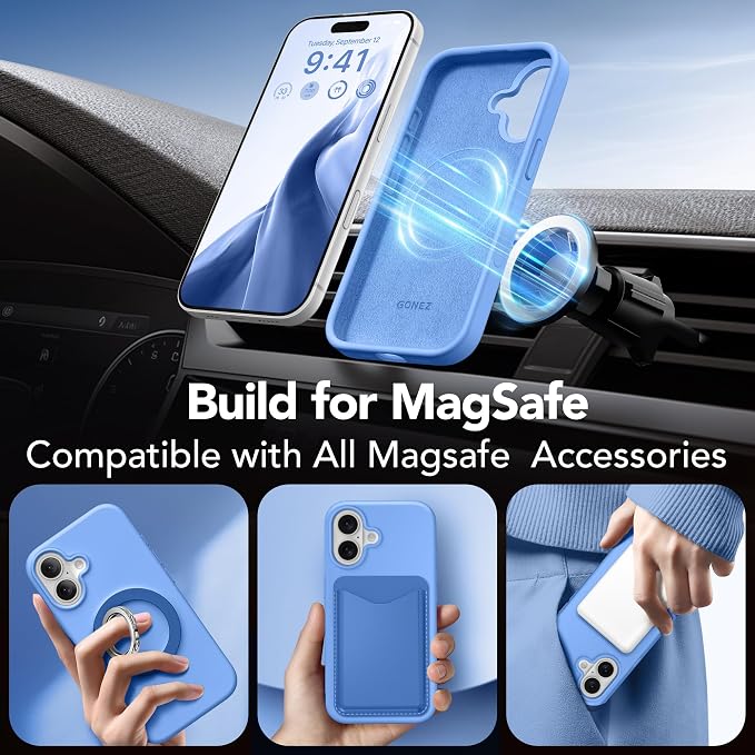 GONEZ Magnetic for iPhone 16 Case, Compatible with MagSafe, [Screen Protector + Camera Lens Protector], Liquid Silicone Shockproof Protective Phone Case for iPhone 16 6.1", Sky Blue