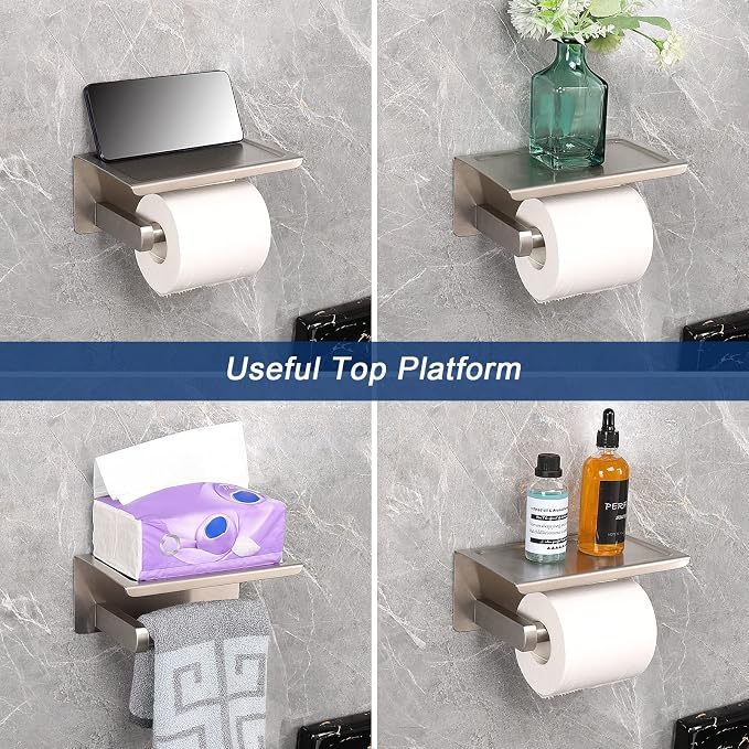 NearMoon Toilet Paper Holder with Shelf, Heavy Duty Bath Toilet Roll Holder with Phone Shelf Tissue Hanger for Bathroom/Kitchen No Drill or Wall Mounted(304 Stainless Steel, Brushed Nickel)