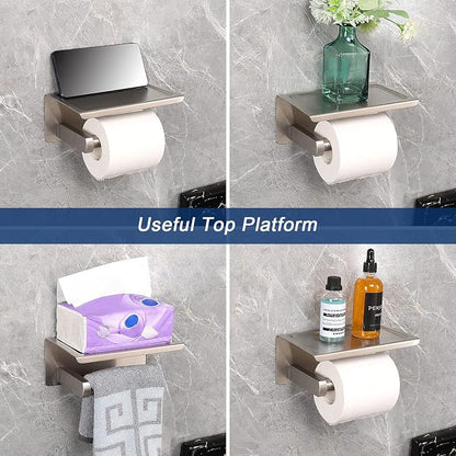 NearMoon Toilet Paper Holder with Shelf, Heavy Duty Bath Toilet Roll Holder with Phone Shelf Tissue Hanger for Bathroom/Kitchen No Drill or Wall Mounted(304 Stainless Steel, Brushed Nickel)