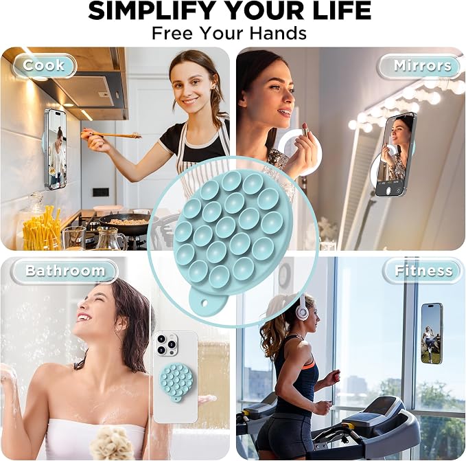 Magnetic Suction Cup Phone Mount, Compatible with MagSafe, Silicone Octo Cup Buddy Sticky Grip Holder for iPhone and Android, Removable Hands-Free Selfie/Video for TikTok, Light Cyan