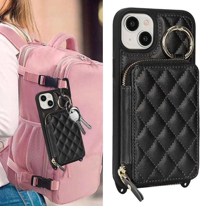 Crossbody Wallet Case for iPhone 14 Plus, PU Leather Zipper Handbag Purse Flip Cover, Kickstand Folio Case with Card Slots Holder Wrist Strap Lanyard 5G 6.7 Inch-Black