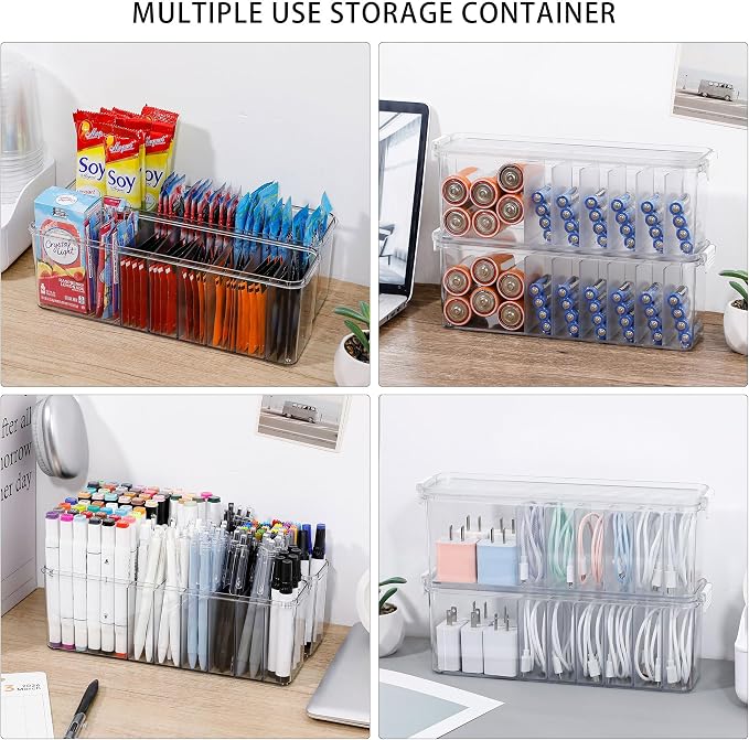 2 Pack Cord Organizer Box for Desk Drawer, Clear Phone Charger Cable Storage Container with Lid