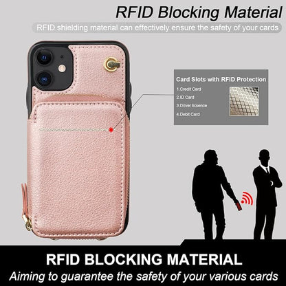 Bocasal Crossbody Wallet Case for iPhone 11, RFID Blocking Leather Purse Case with Card Holder, Protective Handbag Flip Cover with Zipper Wrist Strap Lanyard for Women 6.1 Inch (Rose Gold)