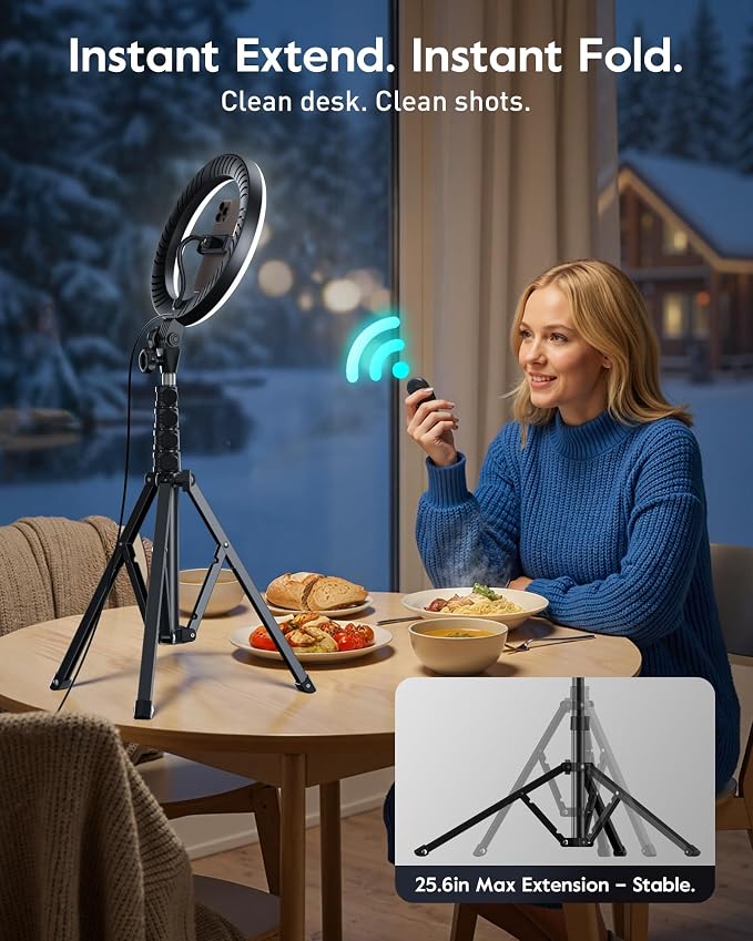 Tripod for iPhone with Light & Phone Holder - 10.5'' Ring Light with Stand - Second Arm with Overhead Phone Mount, Fast-Adjust Bamboo-Flex Stand & Remote for Content Creators, Video Recording