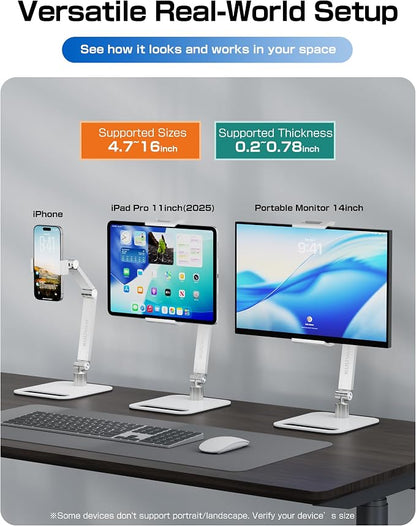 Tablet Stand Holder for iPad, Portable Monitor Stand Holder 15.6'',16'', Aluminum Alloy Foldable Arm Mount with 360° Swivel Desk Mount Compatible with 4.7-16inch Tablet, Cell Phone (White)
