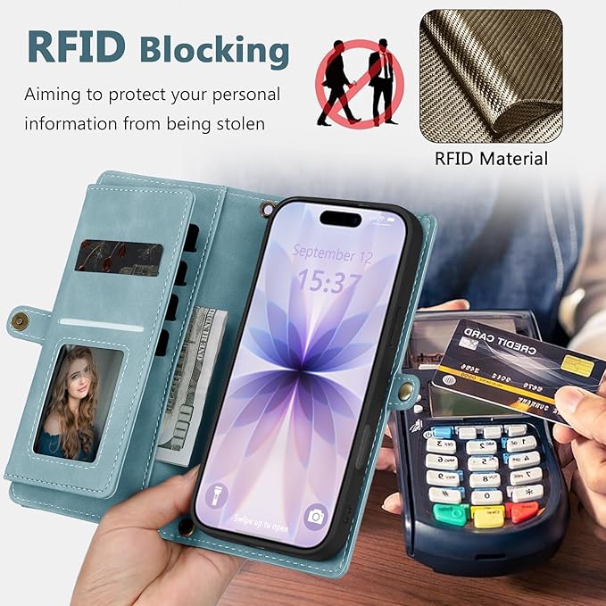 Wallet Case for iPhone 17 with Card Holder/Crossbody Wallet/Strap,[RFID Blocking][Magnetic] PU Leather Phone Case for iPhone 17,6.3 in,Dream Blue