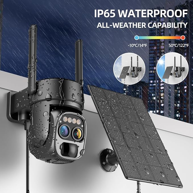 Hawkray Pannel Solar Wireless Outdoor Security Camera， Dual-Lens, 10xZoom, 2K Resolution 3MP 360°Pan/Tilt，2.4&5G WiFi Battery Powered Camera with Spotlight Alarm PIR Motion Detection