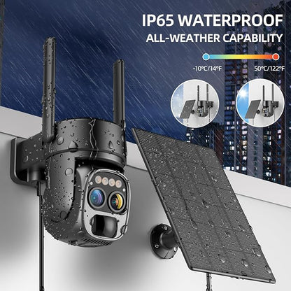 Hawkray Pannel Solar Wireless Outdoor Security Camera， Dual-Lens, 10xZoom, 2K Resolution 3MP 360°Pan/Tilt，2.4&5G WiFi Battery Powered Camera with Spotlight Alarm PIR Motion Detection