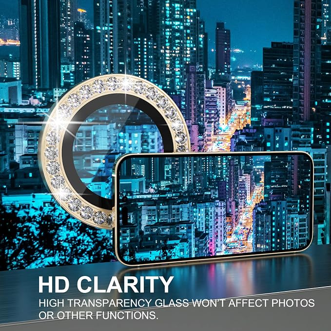Choiche Compatible for iPhone 14 Pro/iPhone 14 Pro Max Camera Lens Protector Bling, 9H Tempered Glass Camera Cover Screen Protector Metal Ring Decoration Accessories (Diamond-Gold)