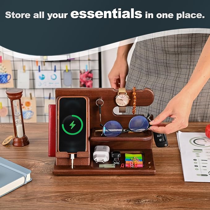 TESLYAR Wood Phone Docking Station for Men - Desk or Nightstand Organizer - Birthday Gifts for Husband or Dad - Anniversary Idea from Wife - Key Holder - Stand Wallet, Watch & Essentials (Chestnut)