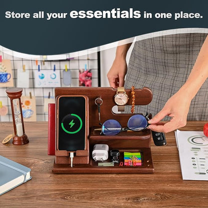 TESLYAR Wood Phone Docking Station for Men - Desk or Nightstand Organizer - Birthday Gifts for Husband or Dad - Anniversary Idea from Wife - Key Holder - Stand Wallet, Watch & Essentials (Chestnut)