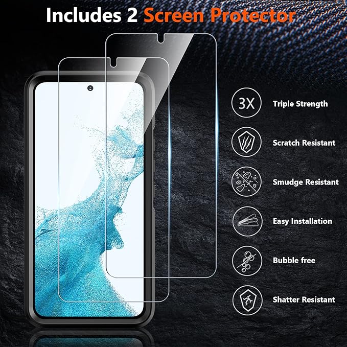 SPIDERCASE Designed for Samsung Galaxy S22 Case, [10 FT Military Grade Drop Protection], 2 Pack [Tempered Glass Screen Protector+Camera Lens Protector] Heavy Duty Shockproof Case, Black