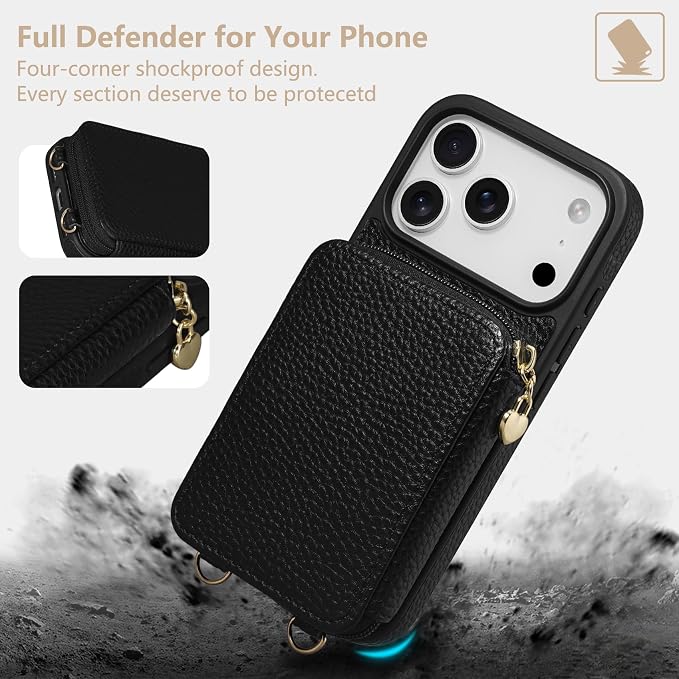 Keallce Case for iPhone 17 Pro 6.3'' Case Wallet, Crossbody Zipper Purse with RFID Blocking Card Slots Kickstand, Lanyard & Handstrap Flip Folio Leather Phone Cover for iPhone 17 Pro, Black
