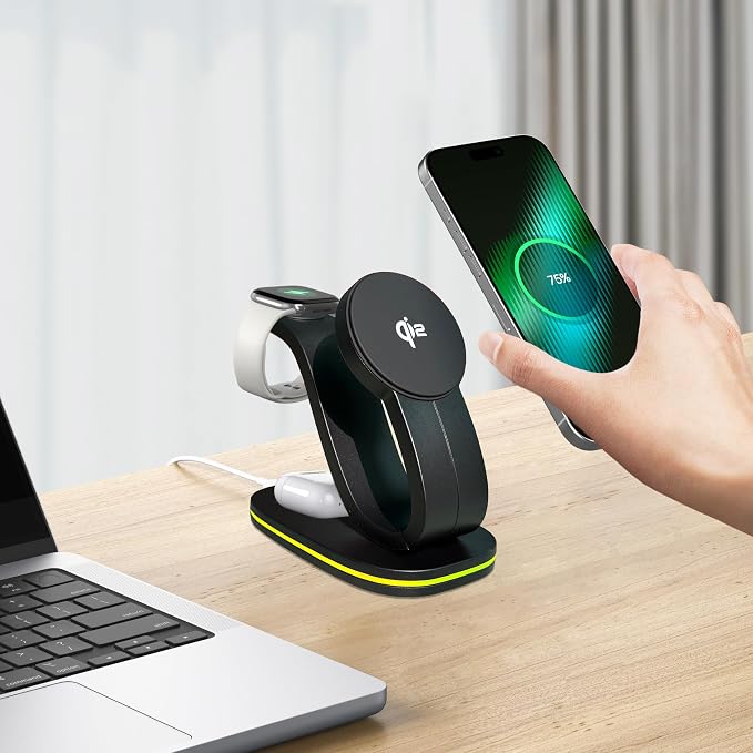 Wireless Charging Station, Qi2 15W 4-in-1 Charger Station for iPhone 17/16/15/14/13/12 Series, Watch Airpods 1-8/Ultra, iPad, AirPods (Black 4 in 1)